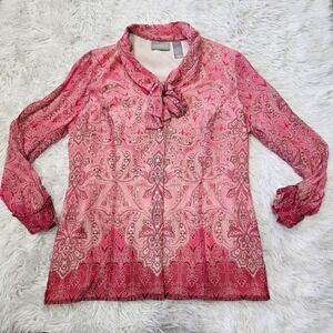 Liz Claiborne Pink Paisley‎ Old Money Coquette 100% Silk Button Up Scarf Blouse